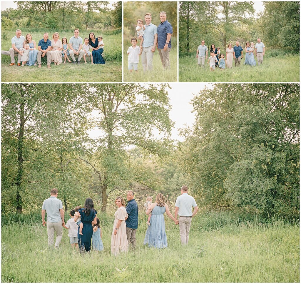 Extended family walking through tall grass during Family Photos in Greenfield at Pixel Dust Acres