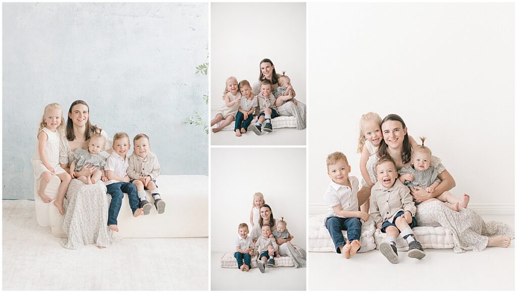 Minneapolis motherhood photographer documenting a sweet studio session with a mama and her four young children
