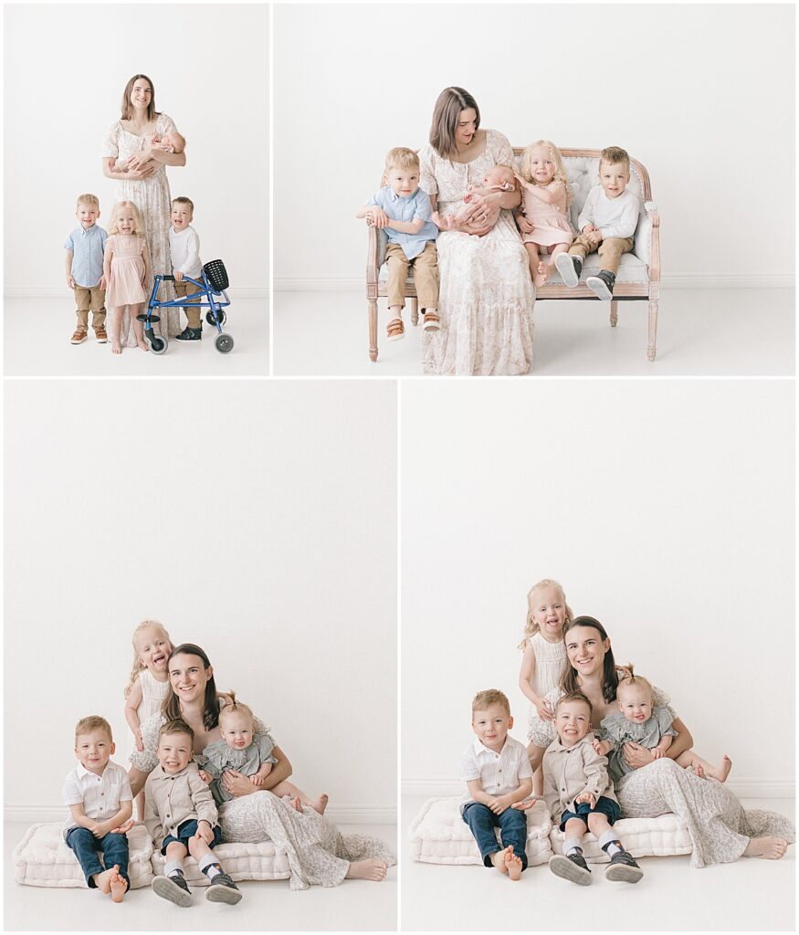 Minneapolis motherhood photographer capturing a year apart motherhood session with a mama, newborn, and three older siblings