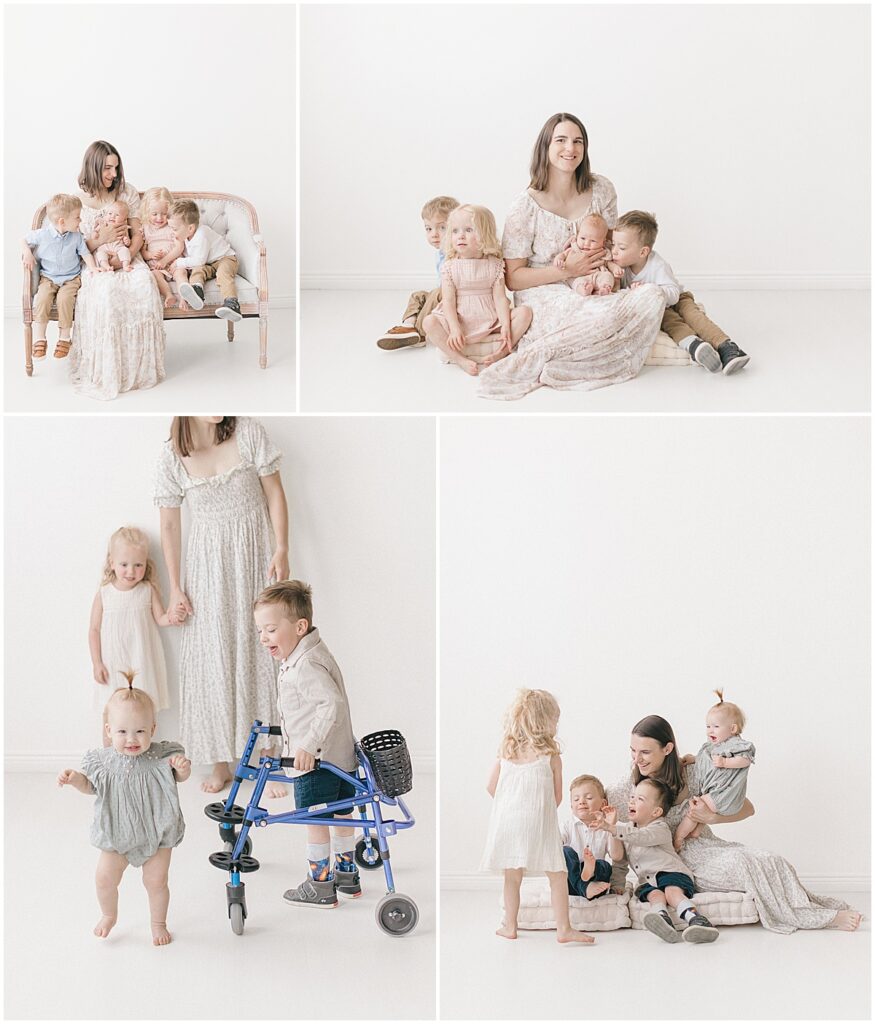 Minneapolis motherhood photographer taking timeless portraits of a mama with her baby and older children in soft neutral outfits
