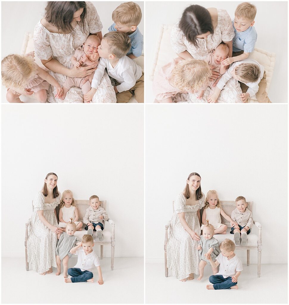 Minneapolis motherhood photographer documenting soft studio portraits of a mama and her growing family one year apart