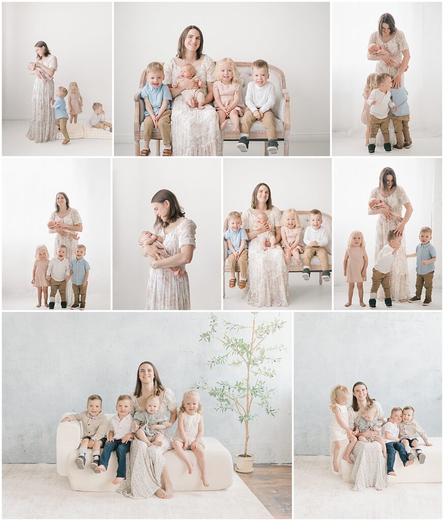 Minneapolis motherhood photographer capturing a joyful motherhood session with four kids, neutral outfits, and bright natural light