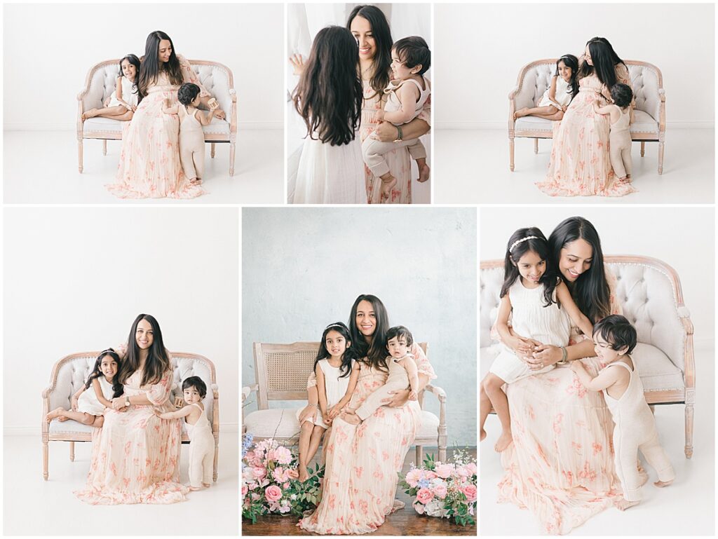 Motherhood Session in Minneapolis featuring soft neutral outfits, floral styling, and sweet moments between mom and children