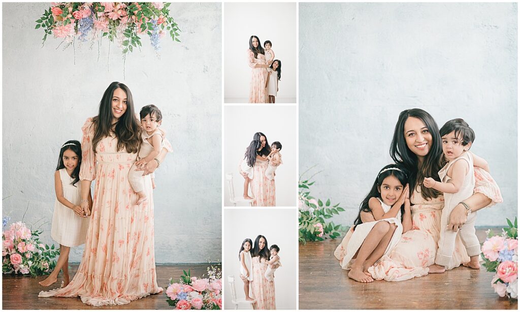 Minneapolis motherhood photographer capturing a mom snuggling her children during a petite studio session