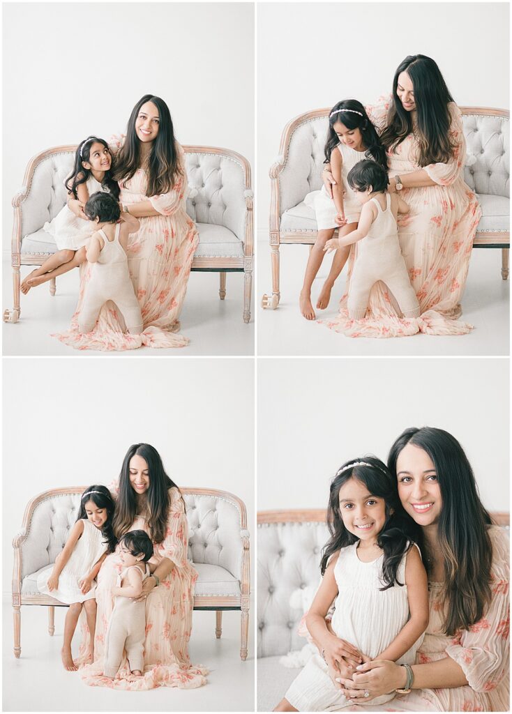 Motherhood Session in Minneapolis with a mom and young children on a neutral settee in a light filled studio