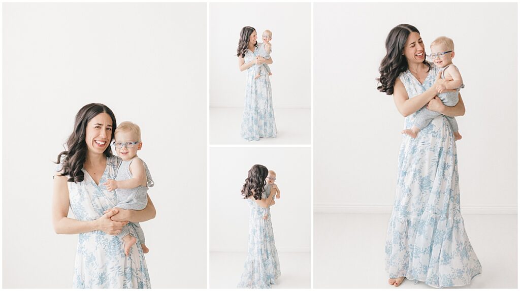 Motherhood session in Minneapolis with mom holding her toddler in a bright white studio