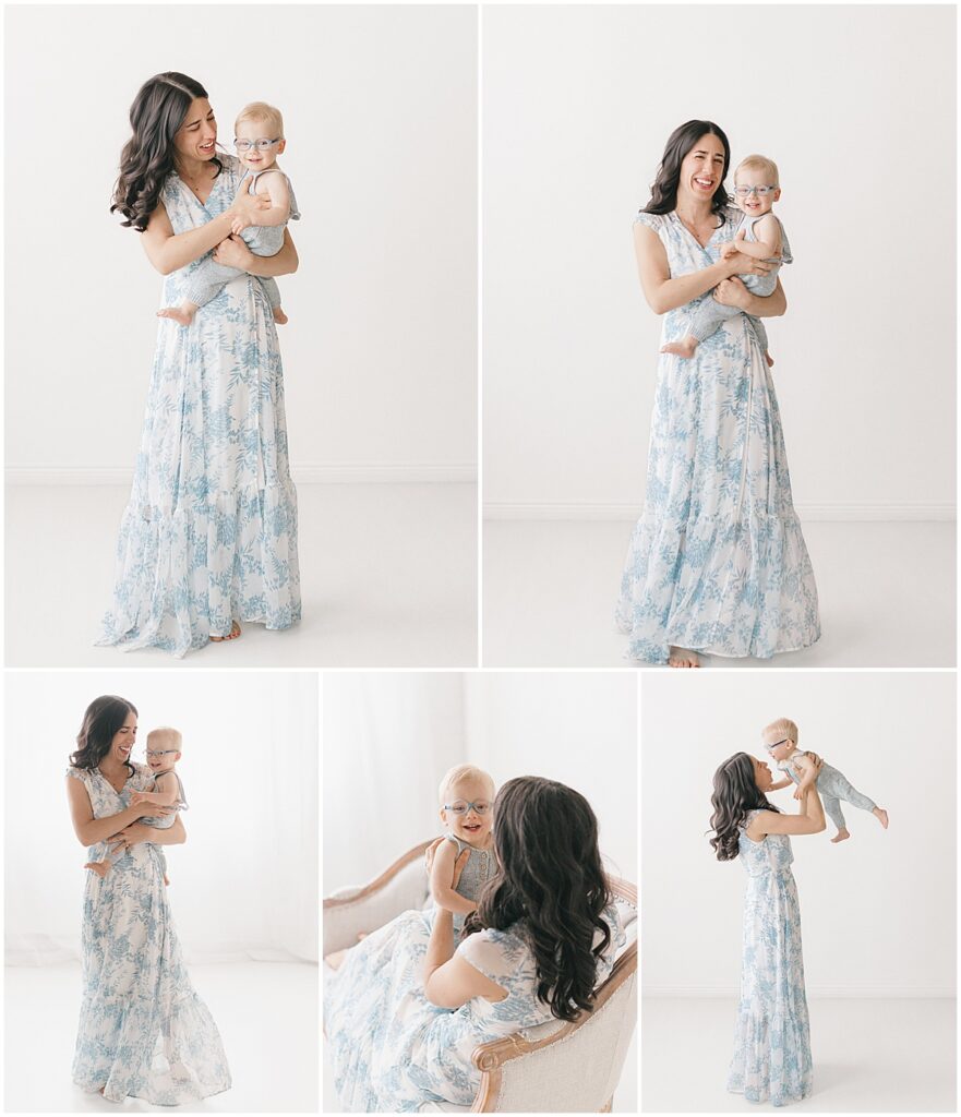 Minneapolis motherhood photographer capturing playful mom and toddler portraits in a natural light studio