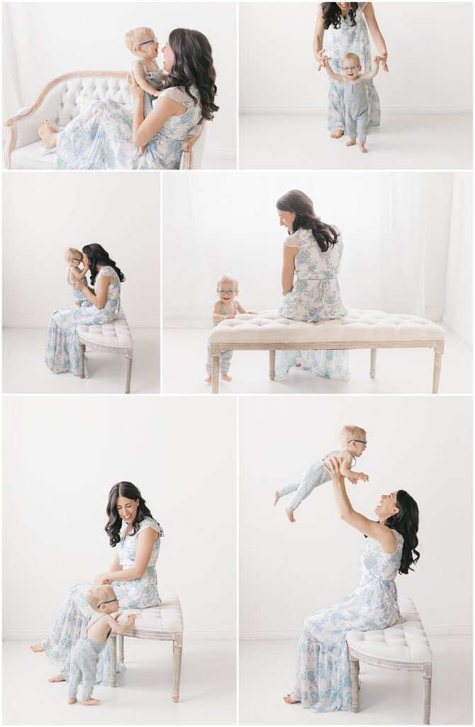 Studio motherhood session with mom and toddler laughing, snuggling, and playing in Northeast Minneapolis