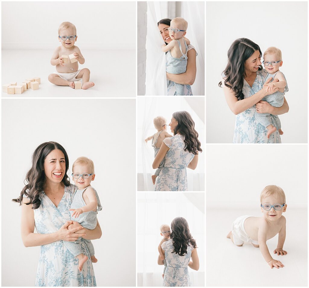 Twin Cities motherhood photos with mom and baby in soft blue outfits during a cozy studio session