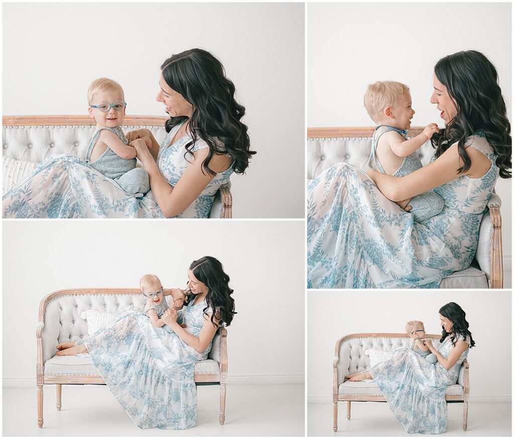 Twin Cities motherhood photographer capturing joyful mom and toddler moments on a vintage couch
