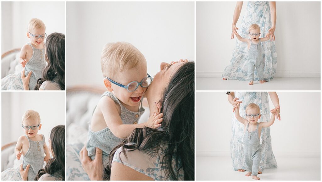 Studio motherhood photos in Minneapolis with toddler walking, laughing, and holding mom’s hands