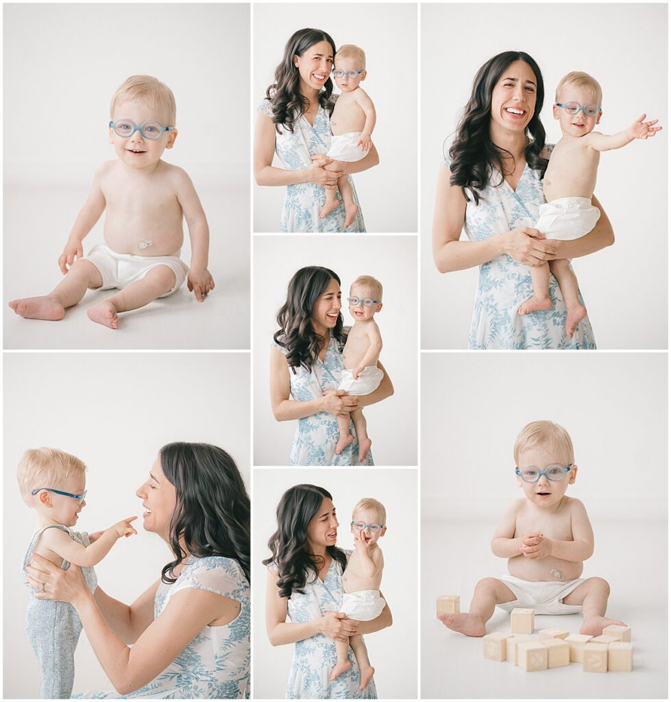 Motherhood photos in the Twin Cities with mom and toddler sharing playful, heartfelt studio moments