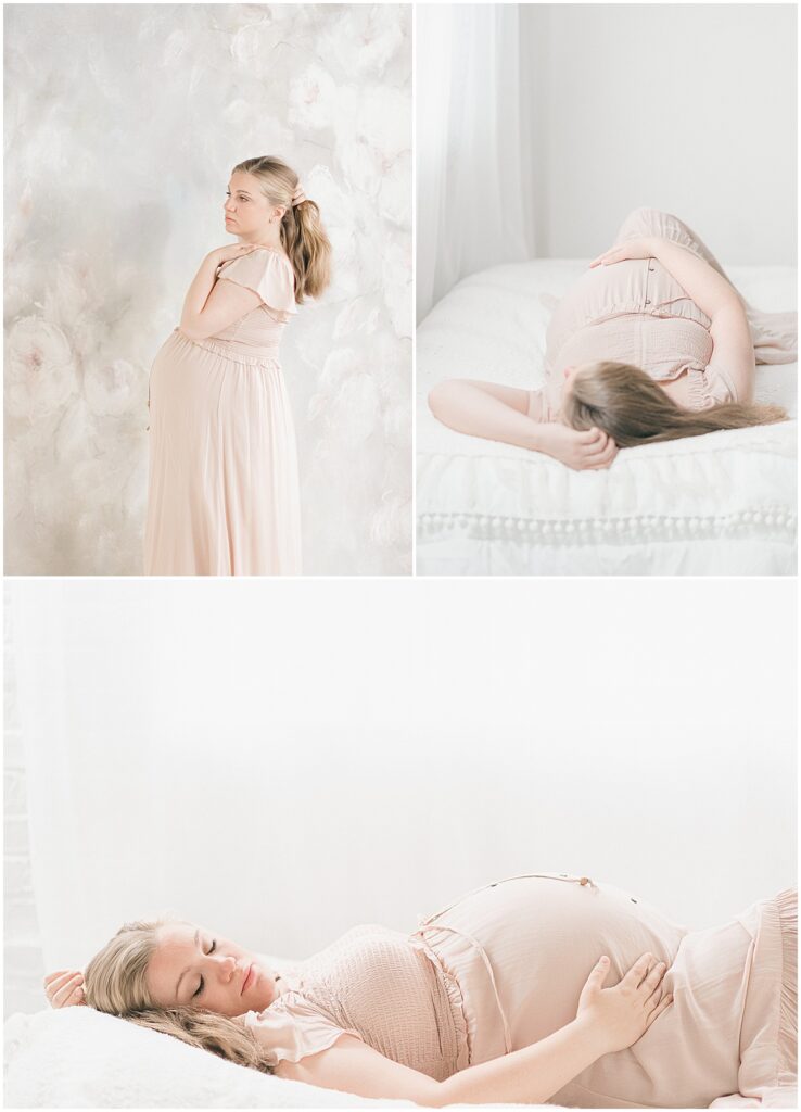 Collage of a pregnant woman in a blush dress standing against a painted backdrop and reclining on a studio bed