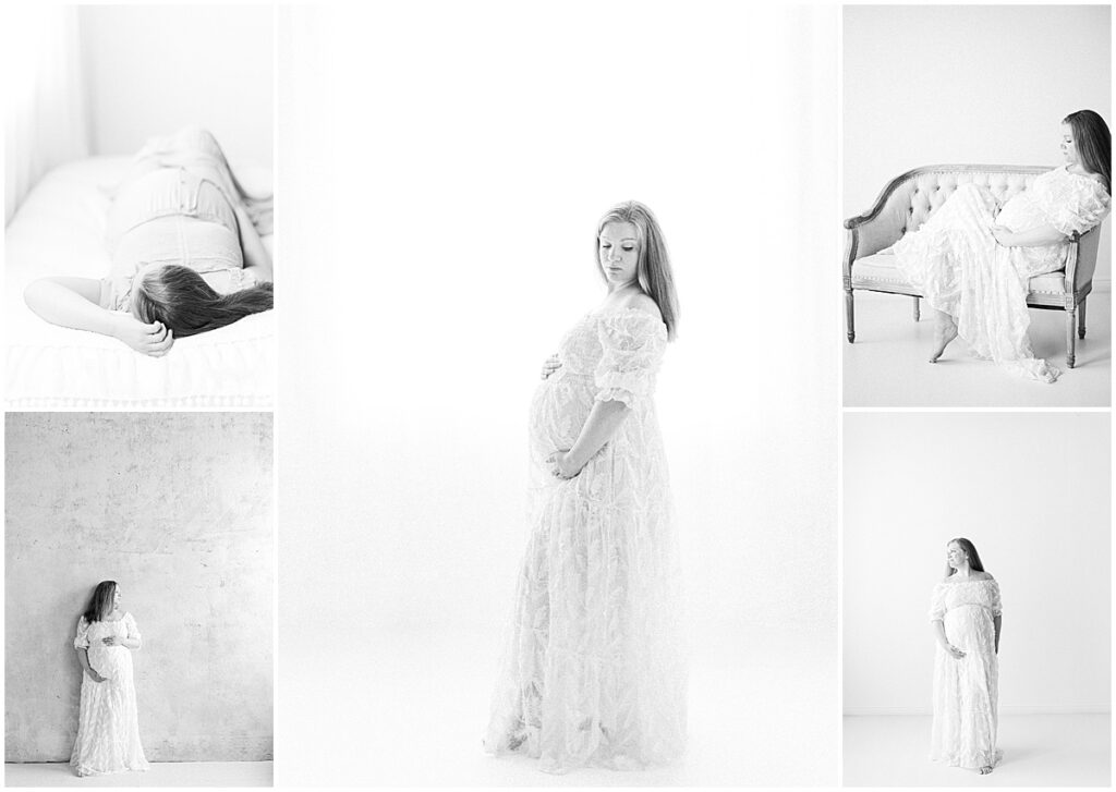 Black and white collage of studio maternity portraits featuring a pregnant woman in a white lace dress