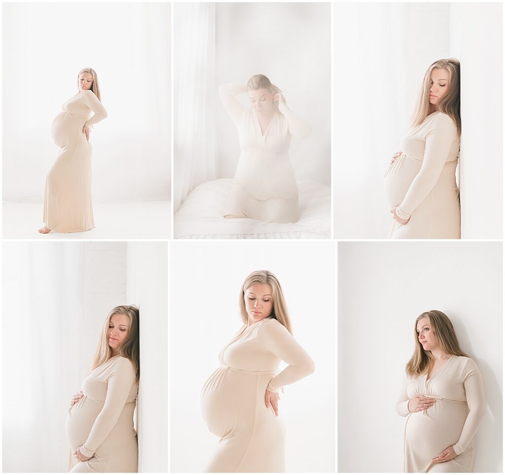 Collage of a pregnant woman in a fitted cream dress posing in a bright Minneapolis maternity studio