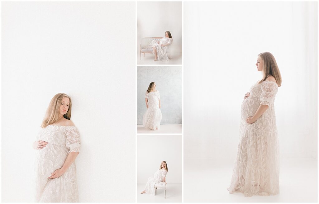 Collage of studio maternity photos featuring a pregnant woman in a flowing white lace dress