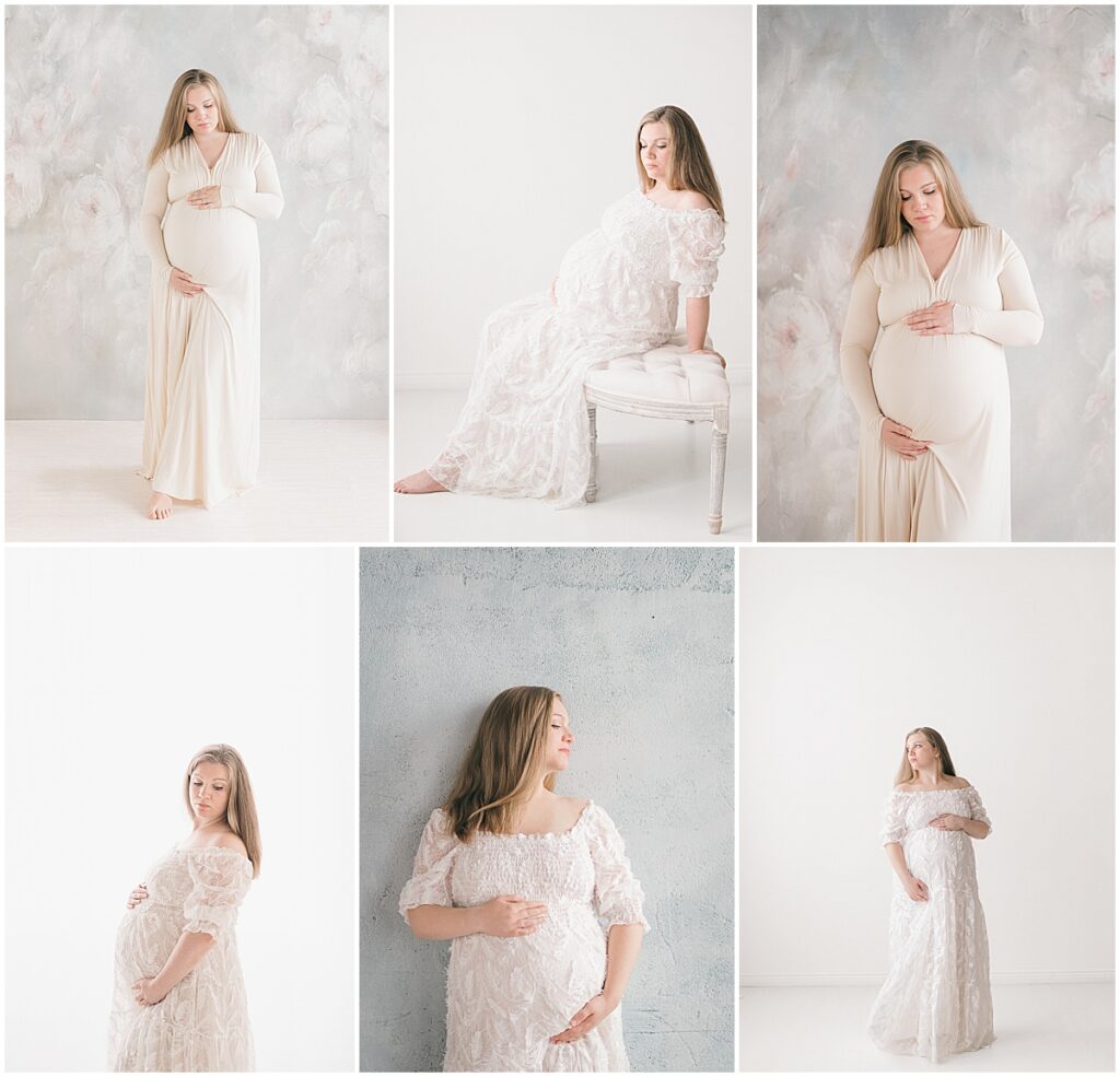 Collage of maternity portraits featuring cream and white dresses against soft neutral studio backgrounds