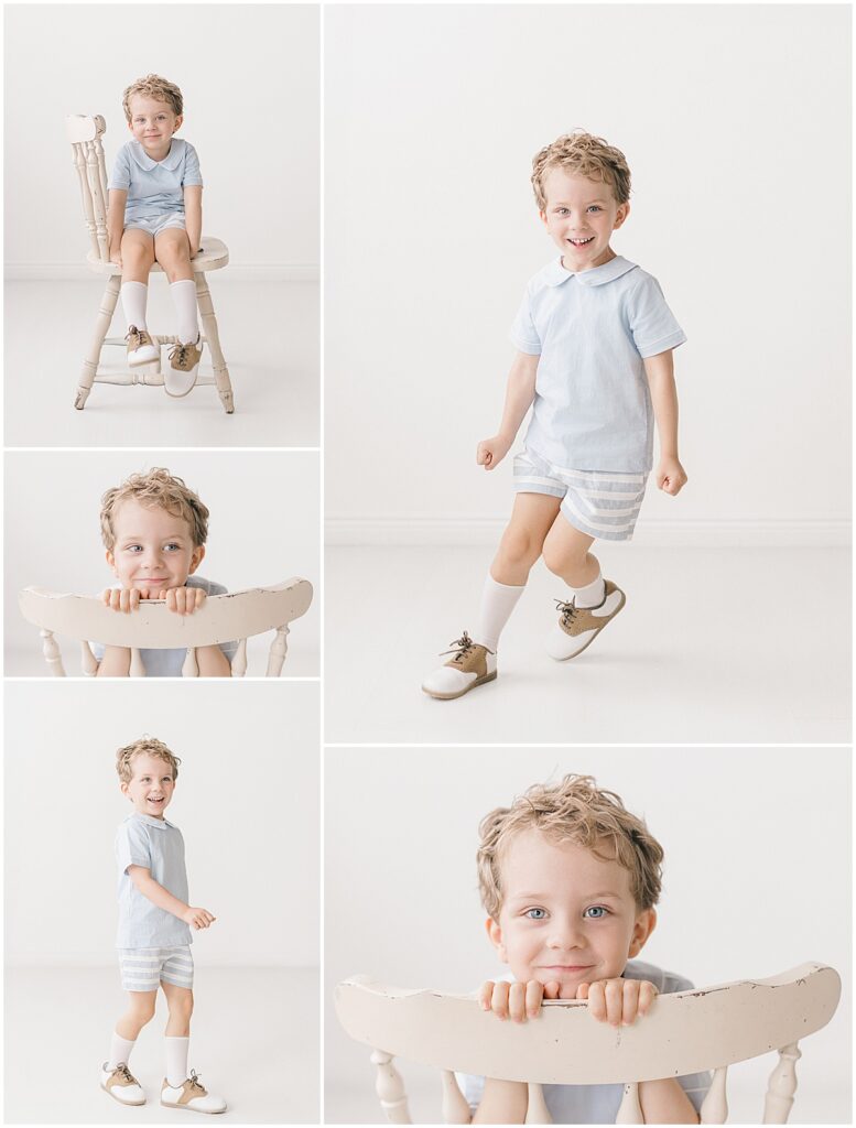 Four-year-old boy sitting on a white chair, walking across the studio, and peeking over the chair back
