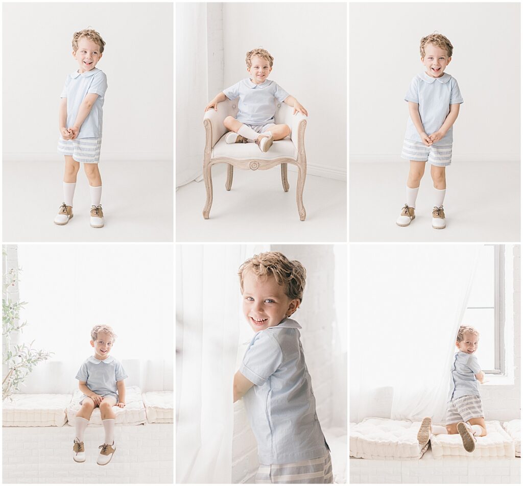 Milestone photos showing a four-year-old boy standing, laughing, sitting in a chair, and playing near a studio window