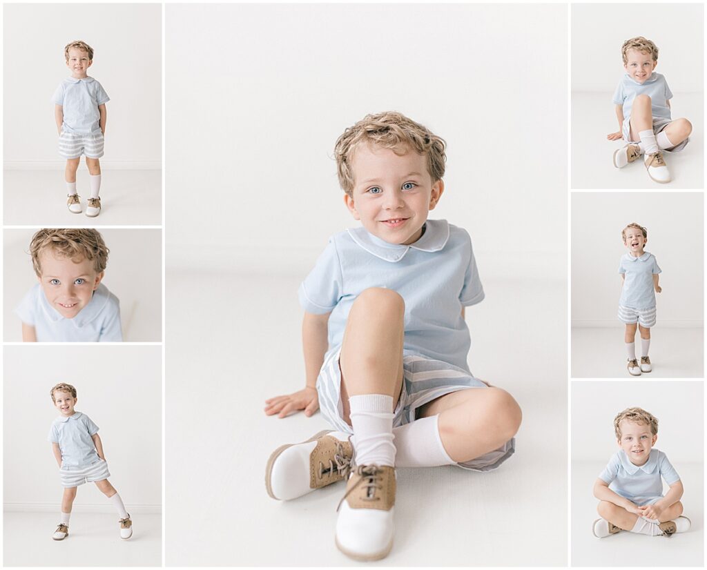 Four-year-old boy sitting on the studio floor surrounded by smaller portraits showing playful poses and expressions