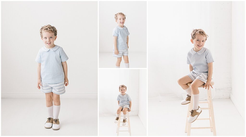 Milestone photos of a four-year-old boy standing and sitting on a wooden stool in a white Minneapolis studio