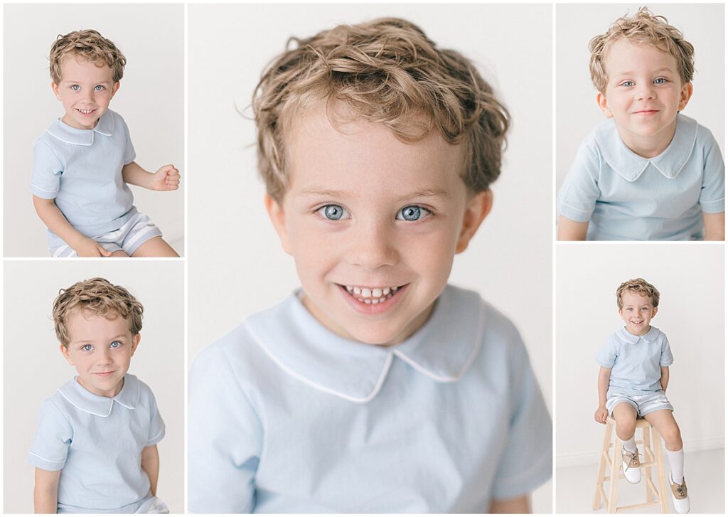 Collection of milestone photos featuring a smiling four-year-old boy in close-up, seated, and full-length portraits