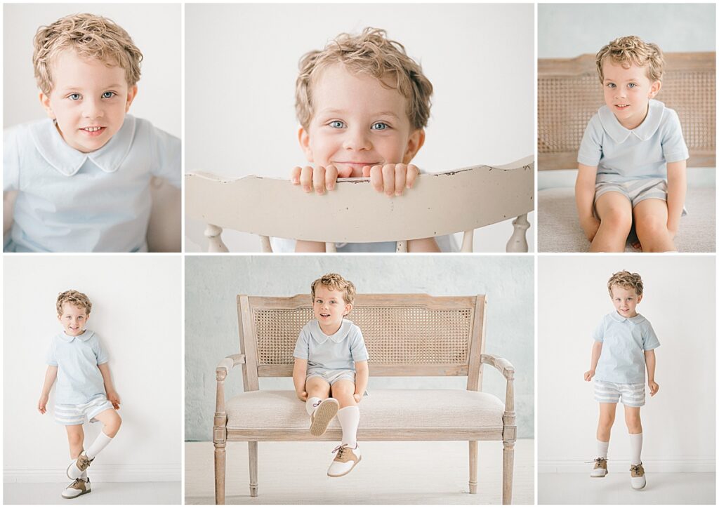 Four-year-old boy smiling, peeking over a chair, sitting on a cane bench, and standing in the studio