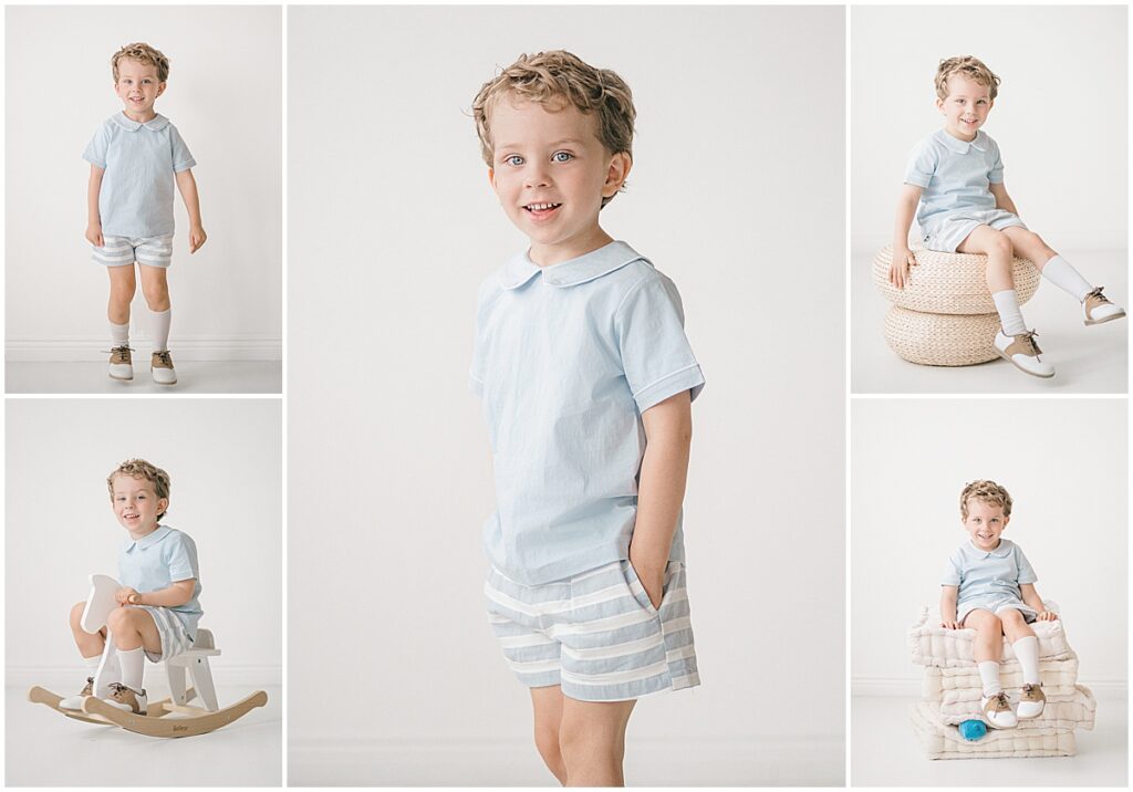 Milestone photos of a four-year-old boy standing, sitting on woven cushions, and riding a small wooden rocking horse