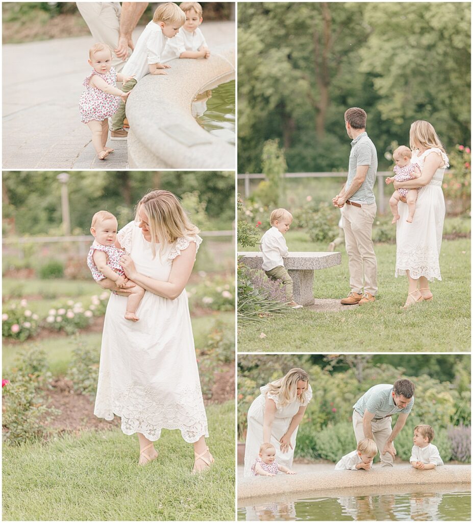 Family with three young children exploring the Lyndale Rose Garden during a first birthday photography session in Minneapolis