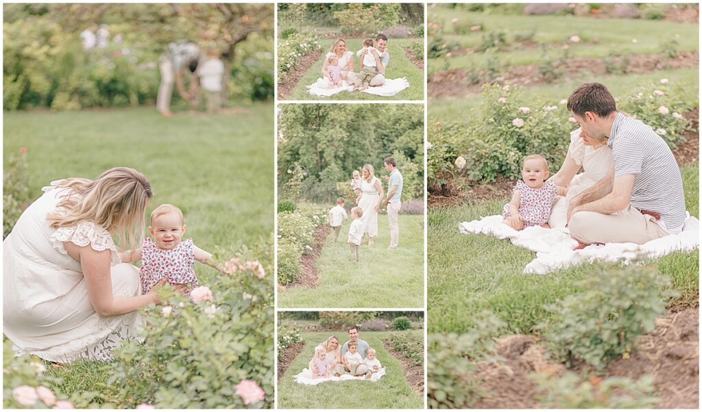 Mother and father with their one year old daughter and two sons during a relaxed family session at the Lyndale Rose Garden