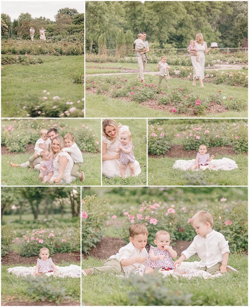 Minneapolis first birthday photography session with parents, siblings, and baby girl surrounded by blooming roses