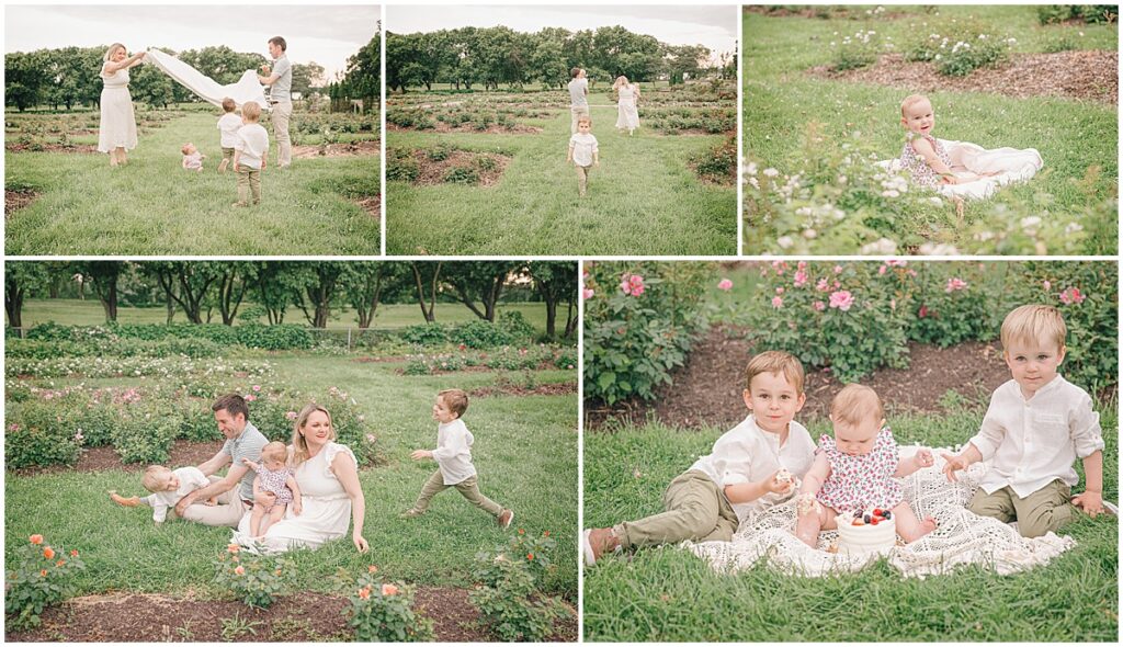 One year old baby girl celebrating her first birthday with her parents and two older brothers in a Minneapolis rose garden