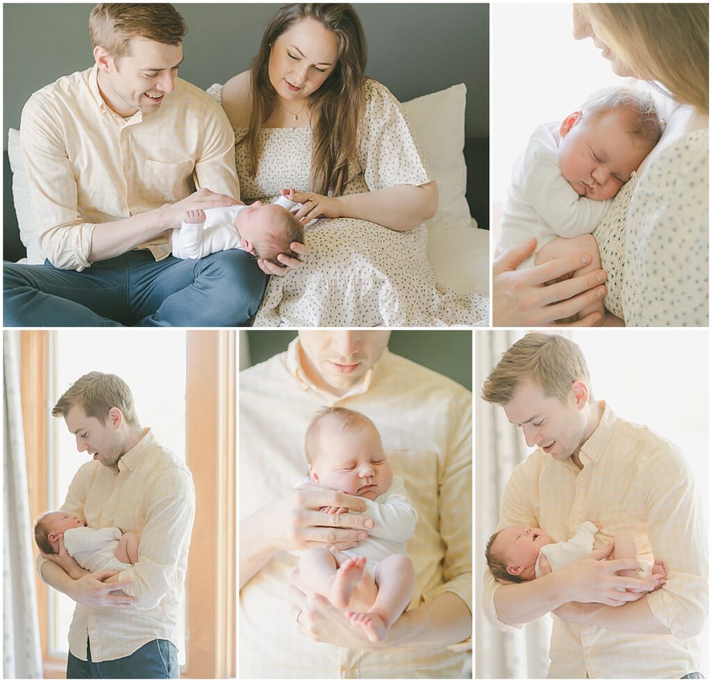 Collage of parents cuddling and holding their newborn baby during an in-home lifestyle newborn photography session in Minneapolis.