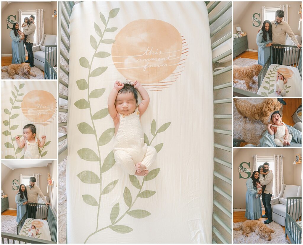 Collage of a newborn baby in the nursery with parents and family during an in-home lifestyle newborn photography session in Minneapolis.