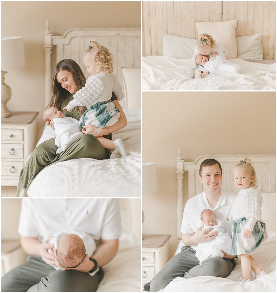 Collage of parents, sibling, and newborn together during an in-home lifestyle newborn photography session in Minneapolis.