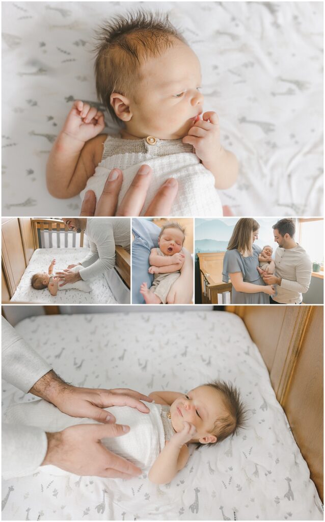 Collage of a newborn with parents during an in-home lifestyle newborn photography session in Minneapolis, including nursery and family moments.