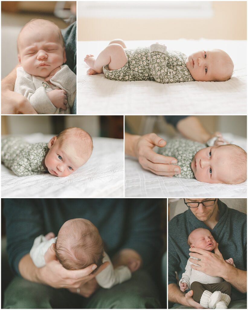 Collage of a newborn baby during an in-home lifestyle newborn photography session in Minneapolis, with individual portraits and a parent holding the baby.