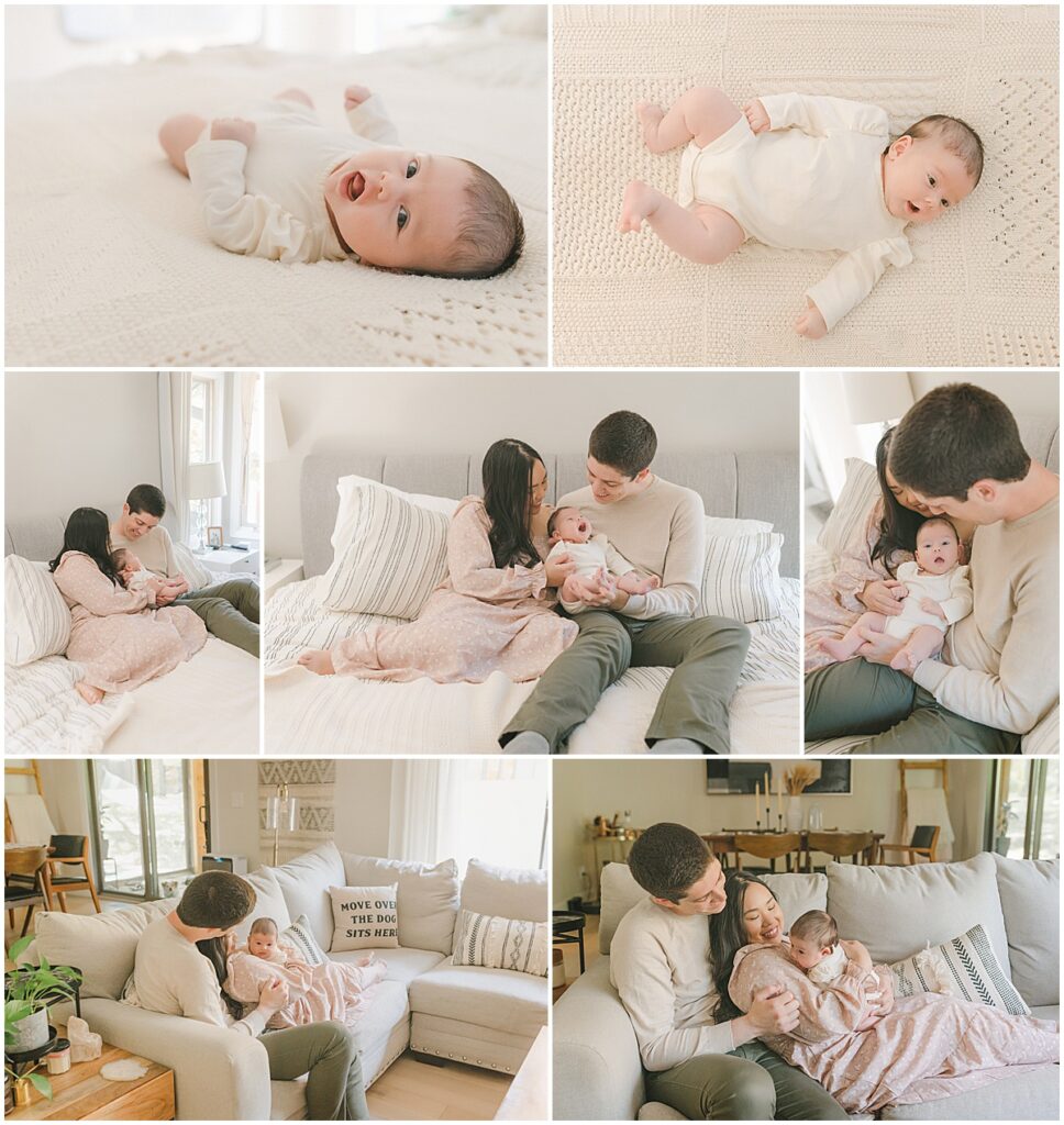 Collage of a newborn baby and parents during an in-home lifestyle newborn photography session in Minneapolis, featuring family moments and individual baby portraits.