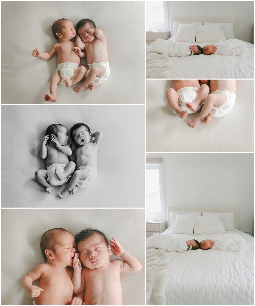Collage of newborn twins during an in-home lifestyle newborn photography session in Minneapolis, featuring individual and side-by-side portraits.