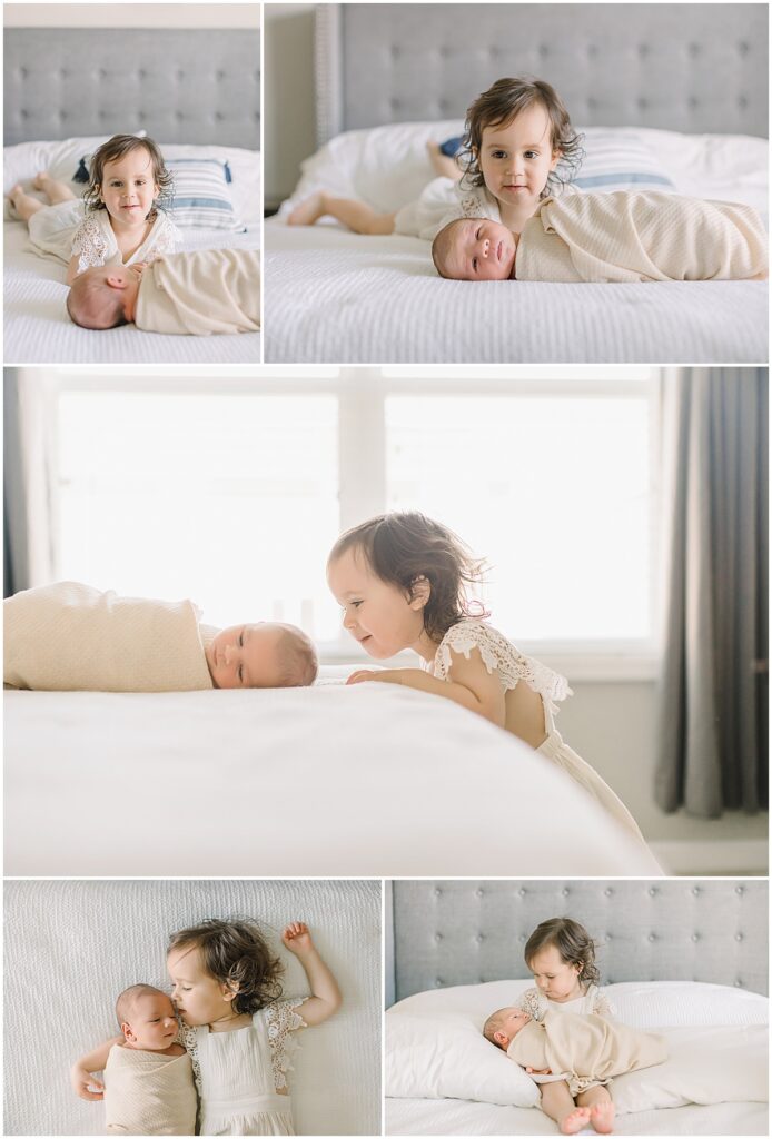 Collage of a toddler with their newborn sibling during an in-home lifestyle newborn photography session in Minneapolis.