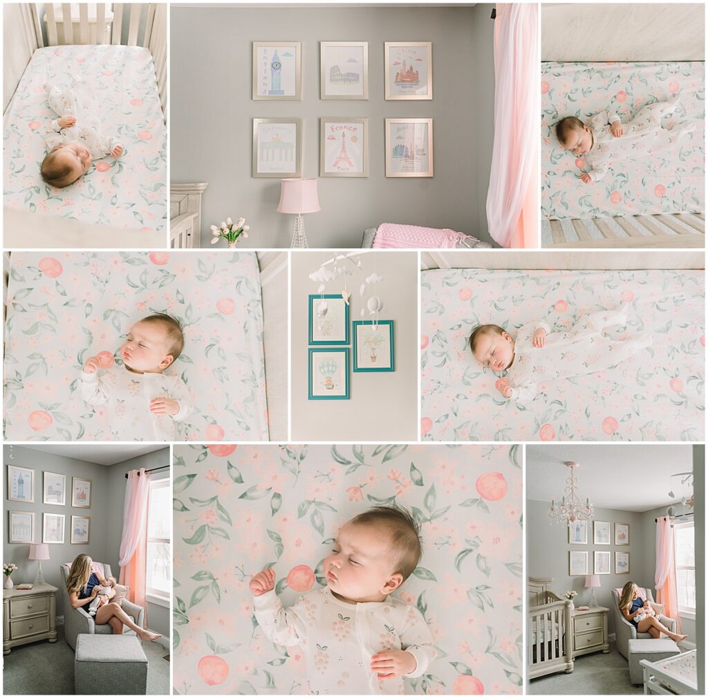 Collage of a newborn in the nursery during an in-home lifestyle newborn photography session in Minneapolis, featuring baby portraits and nursery details.