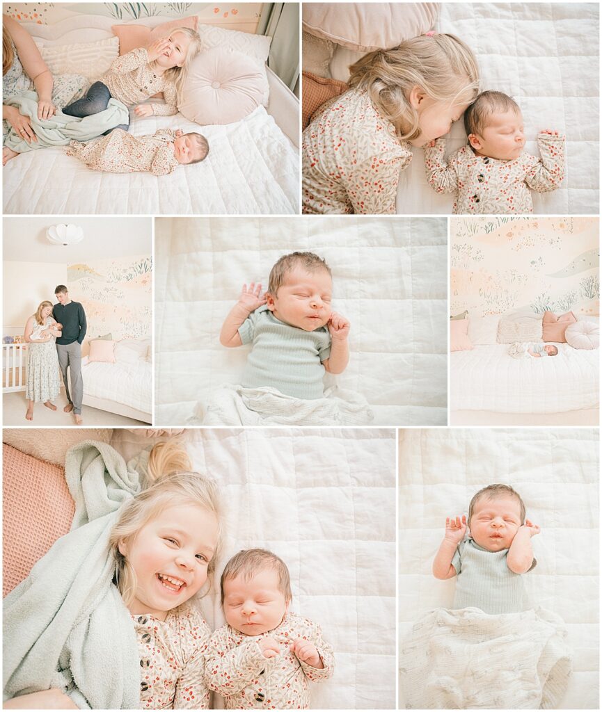 Collage of an older sibling and newborn during an in-home lifestyle newborn photography session in Minneapolis.