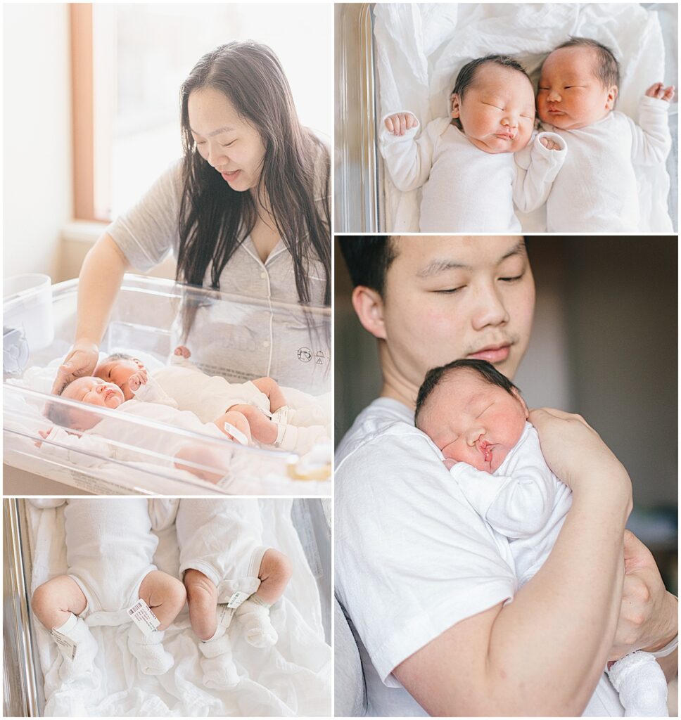 Twin newborn babies with parents during a Fresh 48 hospital newborn session in the Twin Cities
