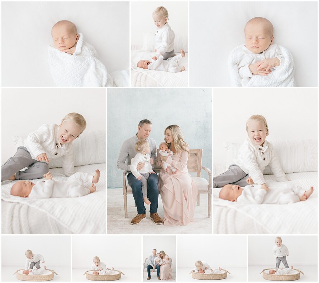 Toddler brother and parents with newborn baby during a bright studio newborn session in Minneapolis