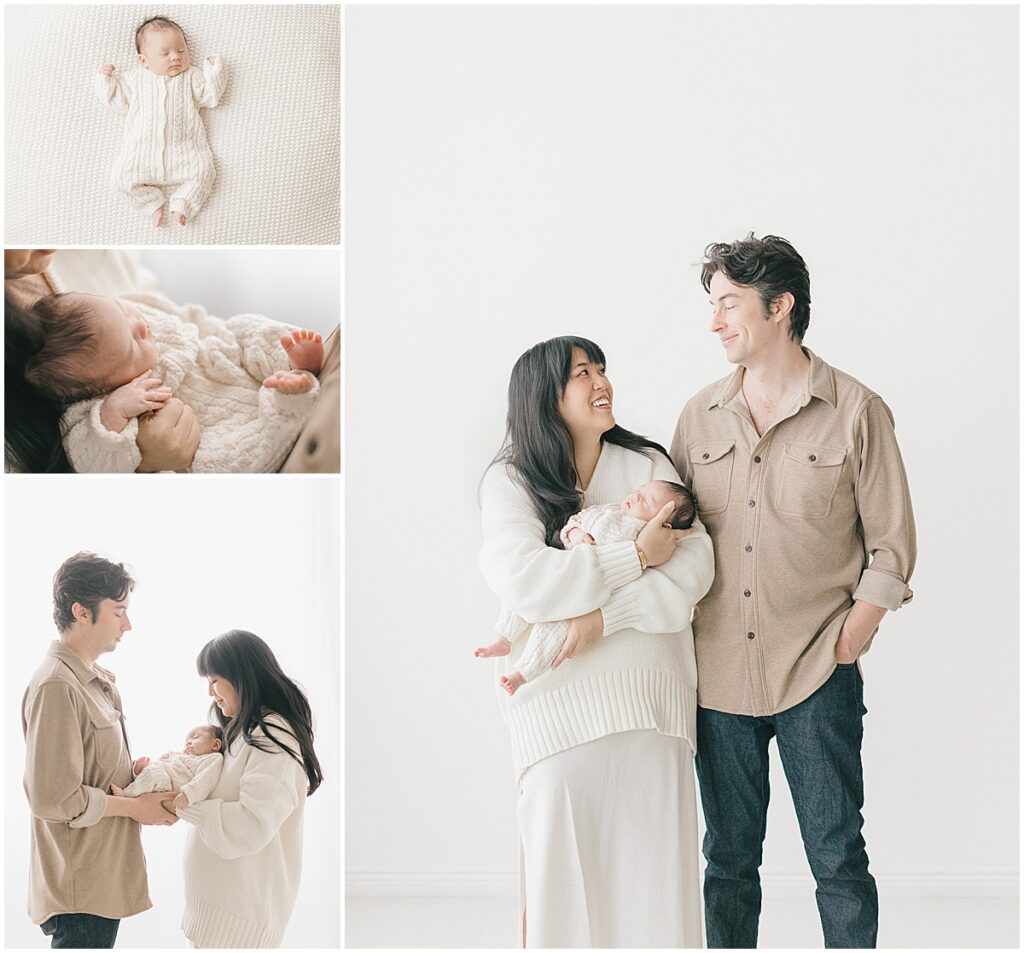 Parents holding their newborn baby in soft neutral outfits during a Minneapolis newborn session