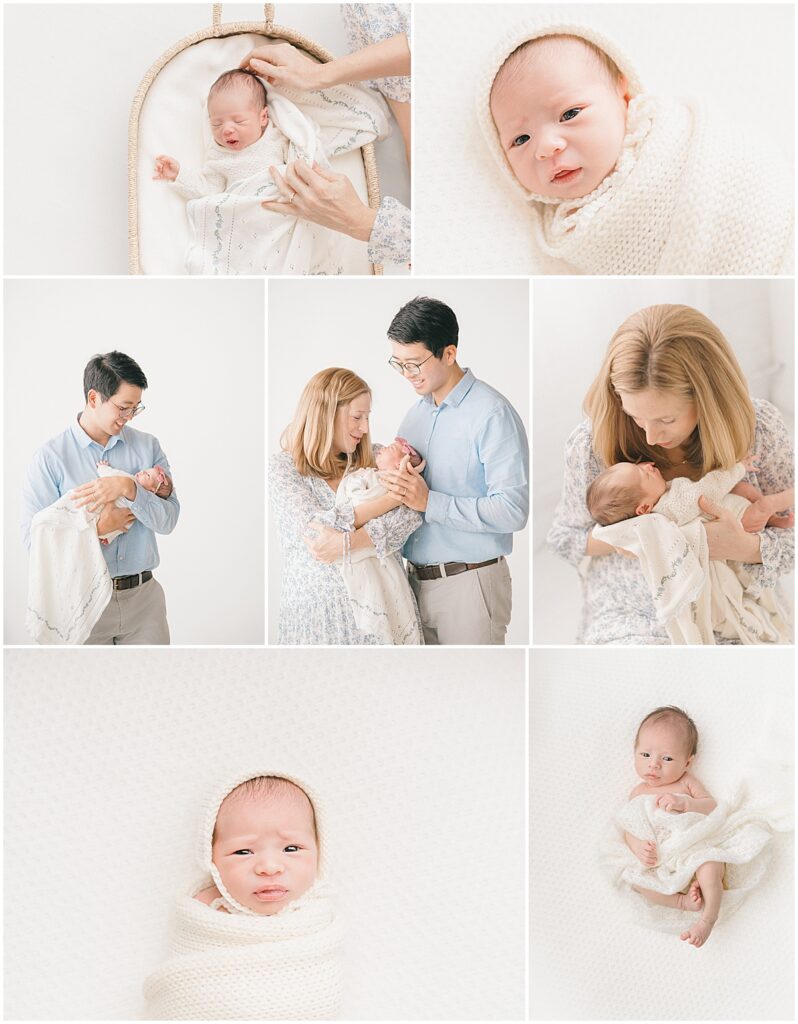 Newborn baby with parents in a light neutral studio during a Minneapolis newborn photography session