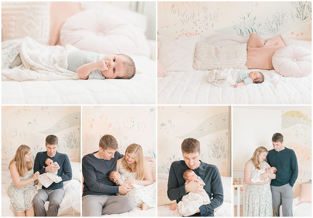Parents holding their newborn baby in a soft nursery during an in home newborn session in Saint Paul