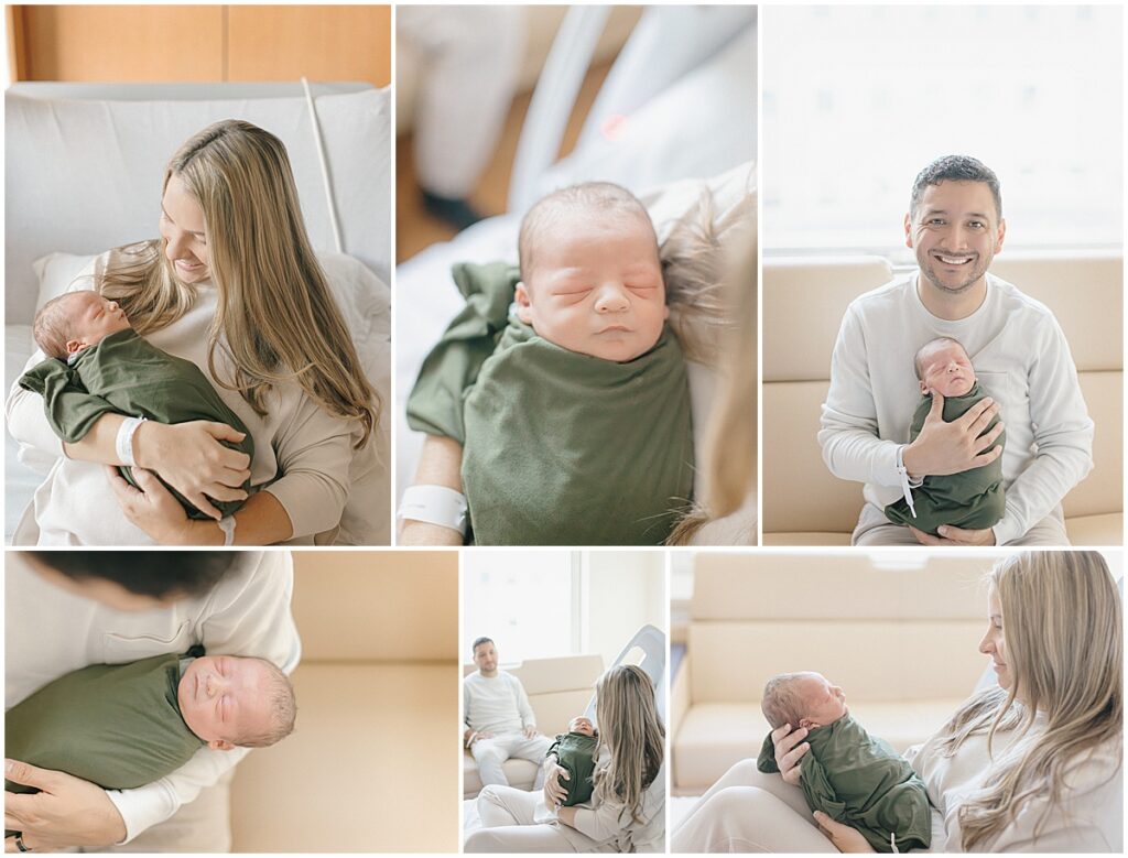 Parents cuddling their newborn baby in a green swaddle during a Fresh 48 Minneapolis newborn session