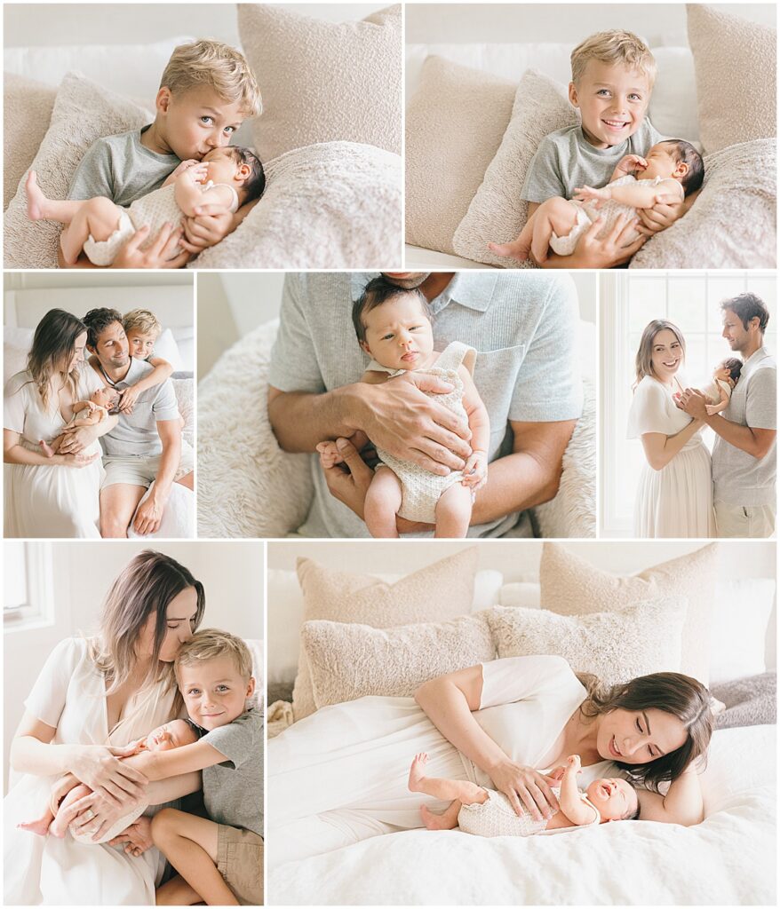 Family with older brother and newborn baby during a relaxed in home newborn session in North Oaks
