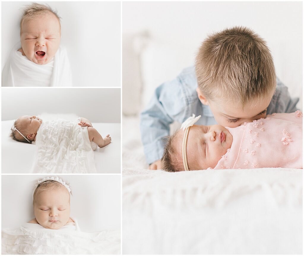 Collage of a yawning newborn, baby resting in a white dress, and an older brother kissing his new sister during a studio session.